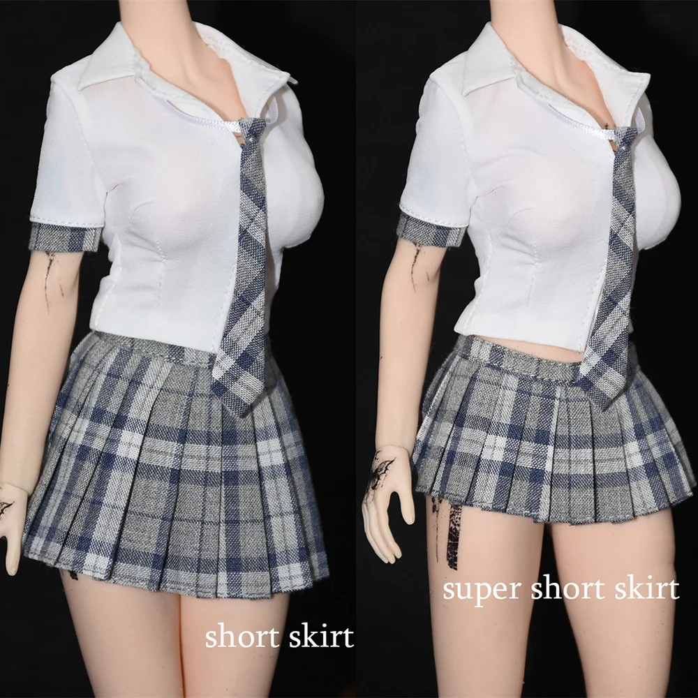 

1/6 Female Soldier Campus Style Uniform Set Tight White Tie Shirt Plaid JK Pleated Skirt for 12Inch Action Figure Body Model