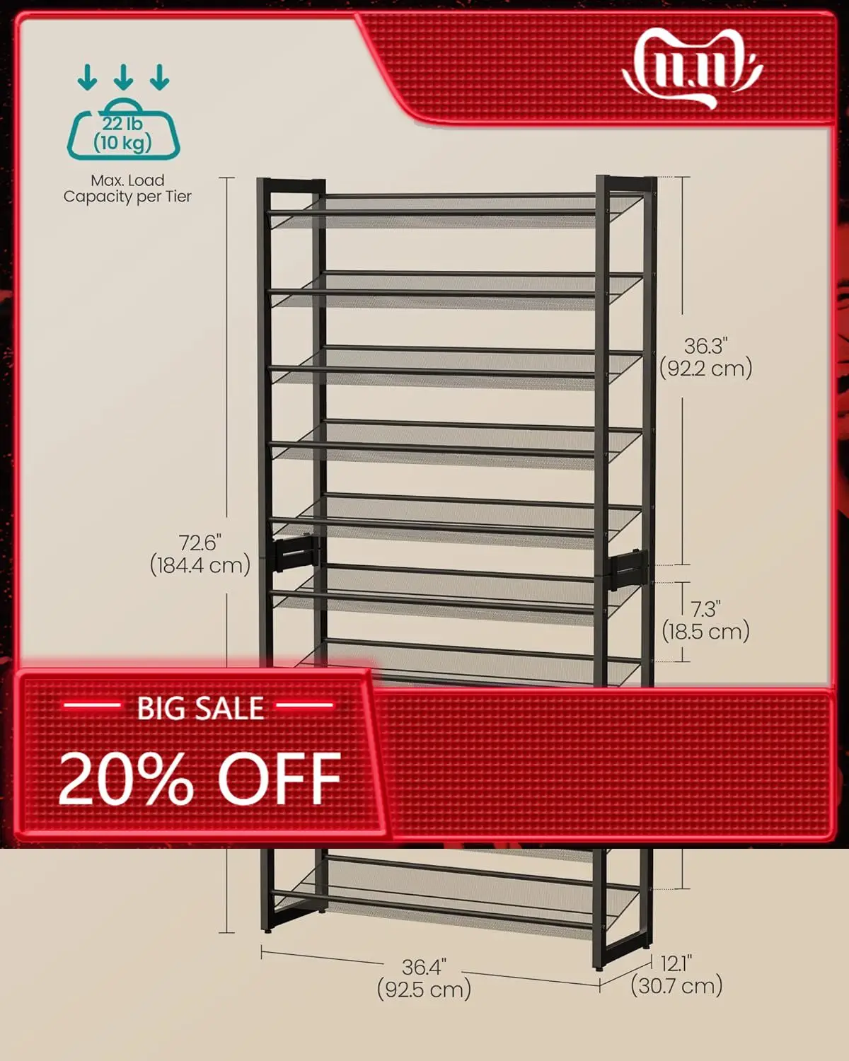 Shoe Rack, 10-Tier Shoe Organizer, Metal Rack for Garage, Set of 2, 5-Tier Stackable Shelf, with Adjustable Flat or Angled