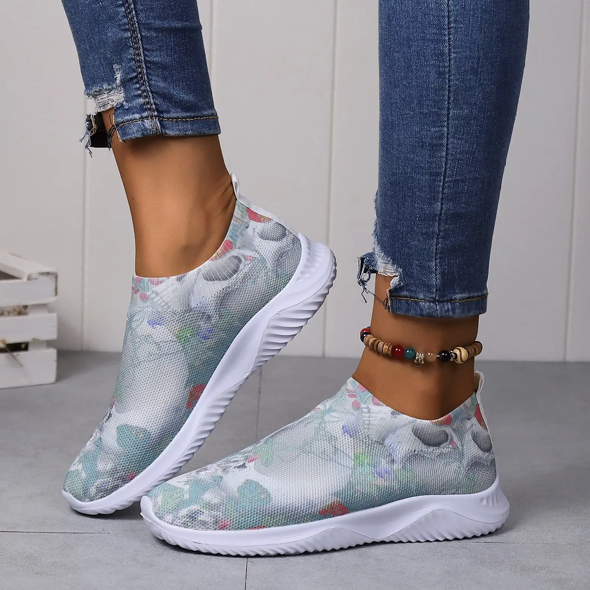 Women's Loafers Fashion Print Slip on Square Heels Round Toe Breathable Lazy Mesh Shoes Spring Autumn Daily Ladies Shoes