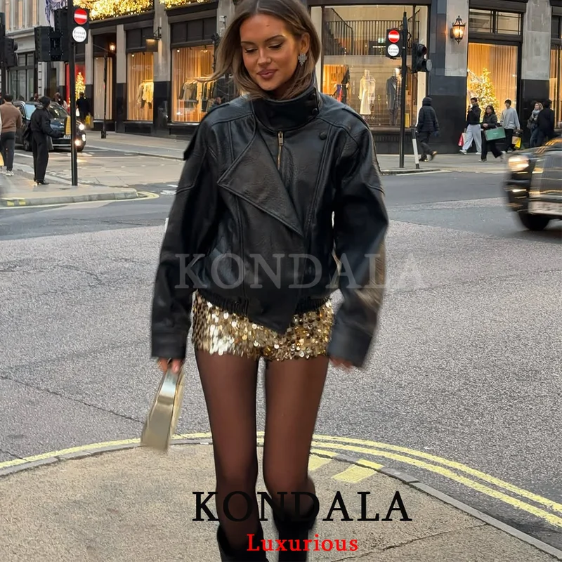 KONDALA Casual Chic Black Leather Jackets Women Long