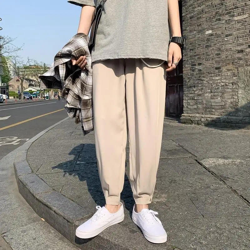 Spring Autumn Fashion Korean Style High Waist Pockets Men's Clothing Ice Shreds All Match Hemp Tie Feet Casual Loose Solid Pants
