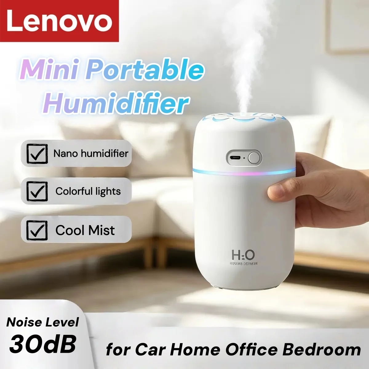 Lenovo Mini Portable Humidifier USB Car Air Humidifier Quiet Electric Small Desktop Cool Mist Humidifier for Home Office Bedroom 1