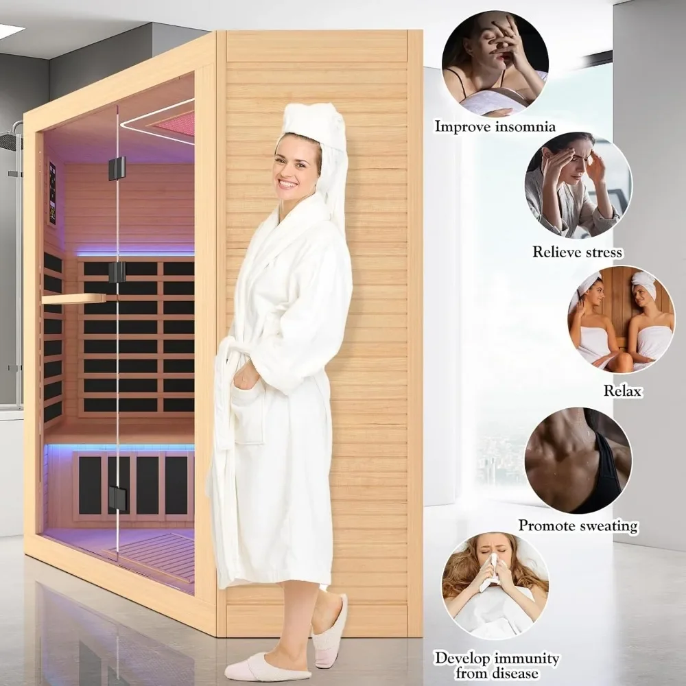 Far Infrared Home Sauna Room, Red Light Wooden Indoor Dry Sauna, Indoor Corner Sauna Spa with Full Spectrum Heater, Floor Heater 6