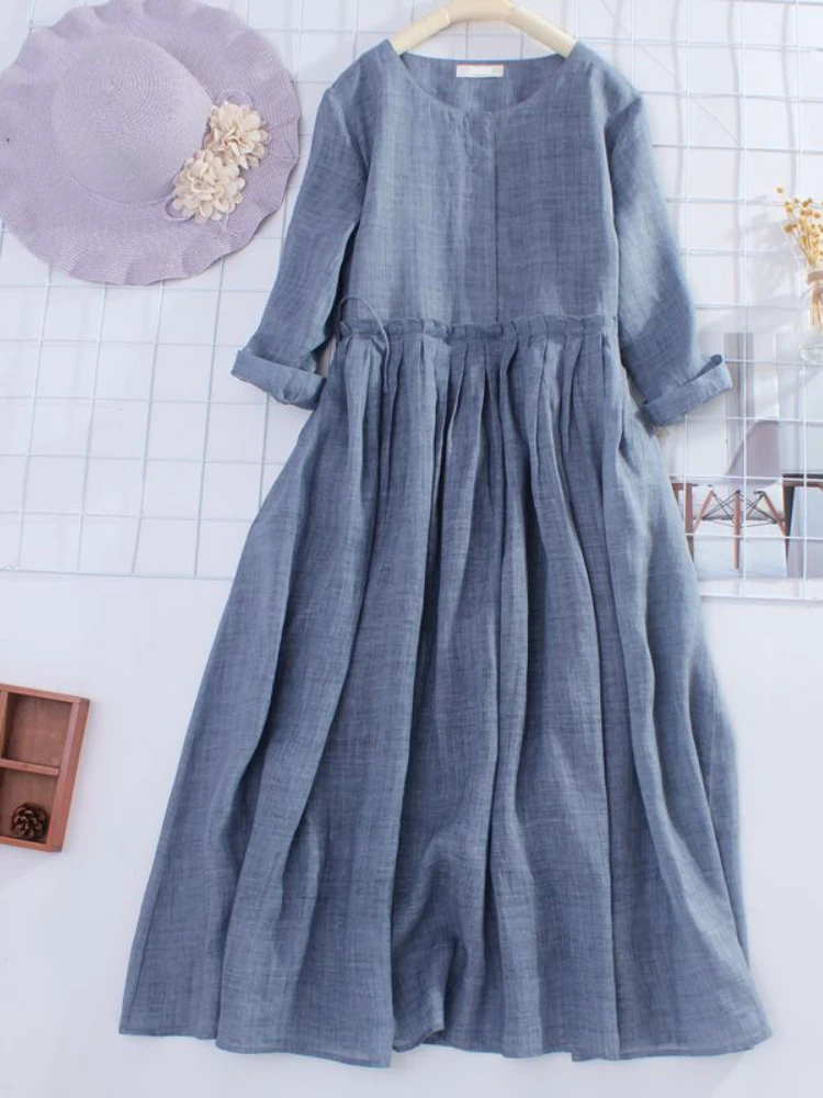 

Vintage Dress New Spring/summer Long Sleeved Cotton and Linen Waistband Slimming Comfortable Round Neck Dress Women Clothing