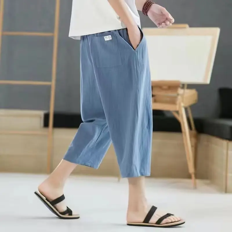 Summer Solid Color Elastic Waist Cropped Pants Men Thin Style Flax Casual All-match Loose Large Size Straight Cylinder Shorts