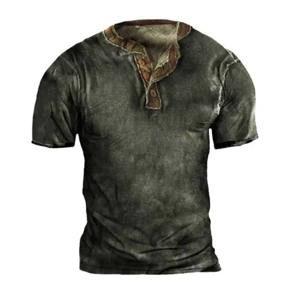 Summer Men's Shirts Geometric Print O Neck Short Sleeve Button T shirt Casual Retro Style Summer Top Blouse Chemise Homme