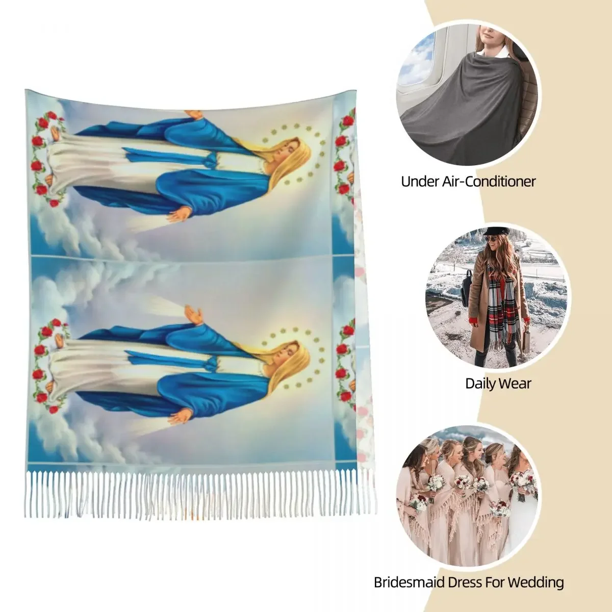 Virgin Mary Christian Catholic Shawls Wraps Women Winter Warm Long Soft Scarf Our Lady of Guadalupe Reversible Tassel Scarves - 4