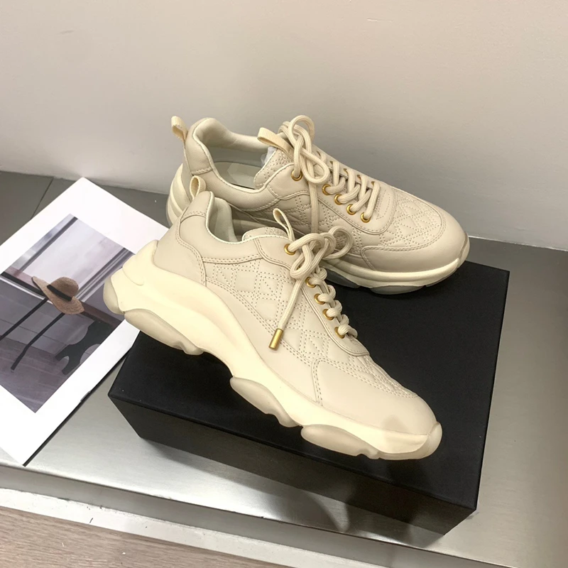 Dave&Di British Fashion Casual Quilted Stitching Leather Flat Shoes Women's Vulcanized Shoes Women Rise Sneakers