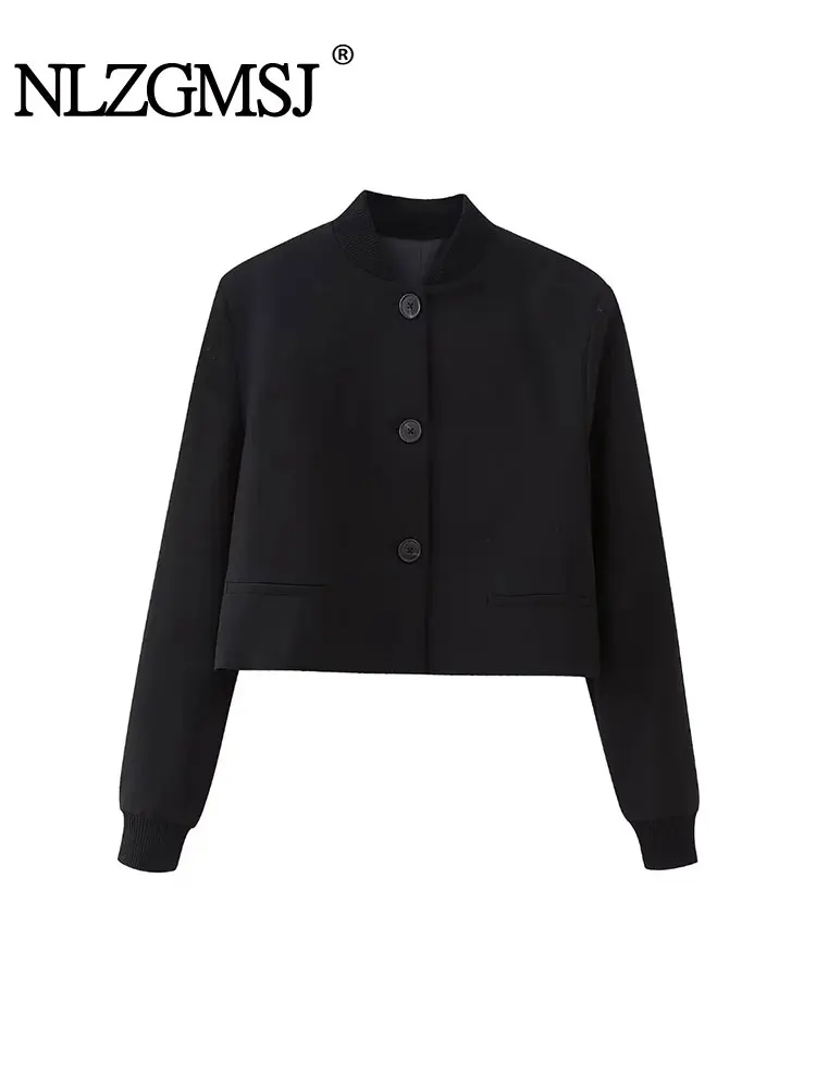 

TRAF 2023 Autumn Women Jacket Ribbing Collar Cropped Bomber Jackets for Women Jacket Coat Long Sleeve Casual New In Coats