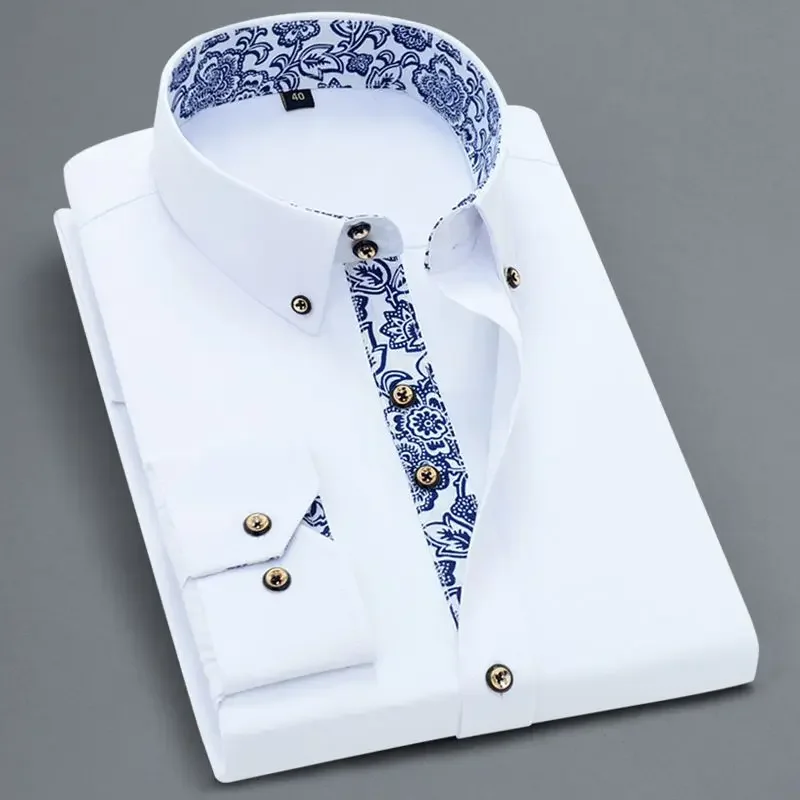 High Quality Men's Shirts with Retro Blue and White Porcelain Collar Long-sleeved Slim Fit Dress Shirts Business Casual Style