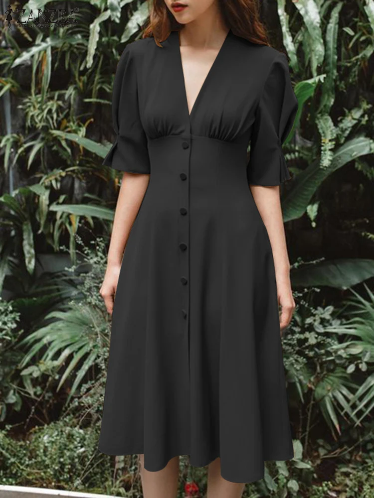 

ZANZEA Summer Women Vintage Party Solid Mid-calf Dress Robe Femme Casual Work Vestido Kaftan Elegant V Neck Half Sleeve Sundress