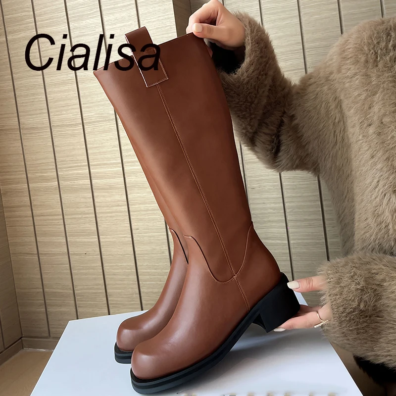 

Cialisa Women Long Boots Autumn Winter Fashion Round Toe Women Knee-High Boots Black Genuine Leather Mid Heels Lady Boots 2023