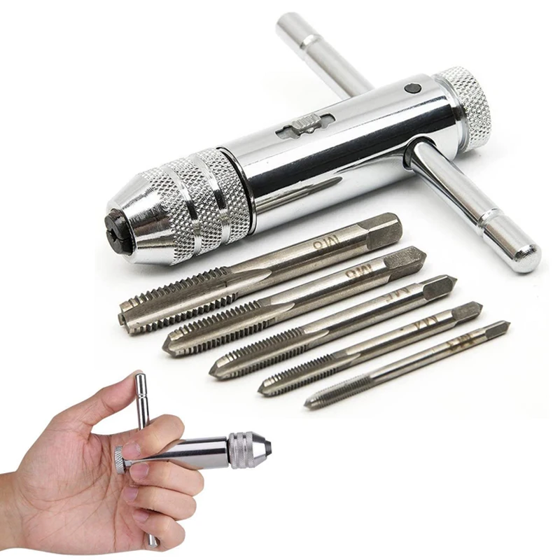 

Регулируемый серебристый Т-образный держатель для крана с трещоткой, набор гаечных ключей, ручные инструменты, Т-образный кран с метрической резьбой для машинной резьбы 3 мм-8 мм