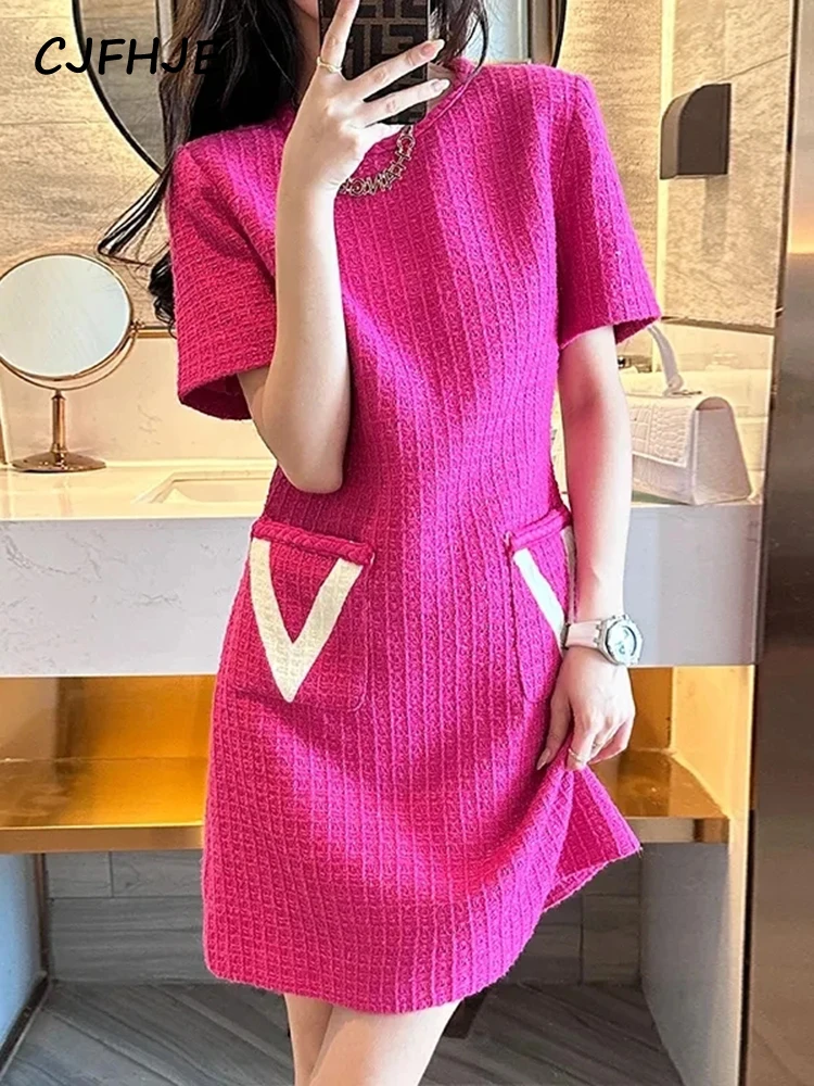 

CJFHJE Summer Rose Red Round Neck Straight Dress Women Chic Pockets Loose Party Dresses Female Sweet Fashion Elegant Mini Dress
