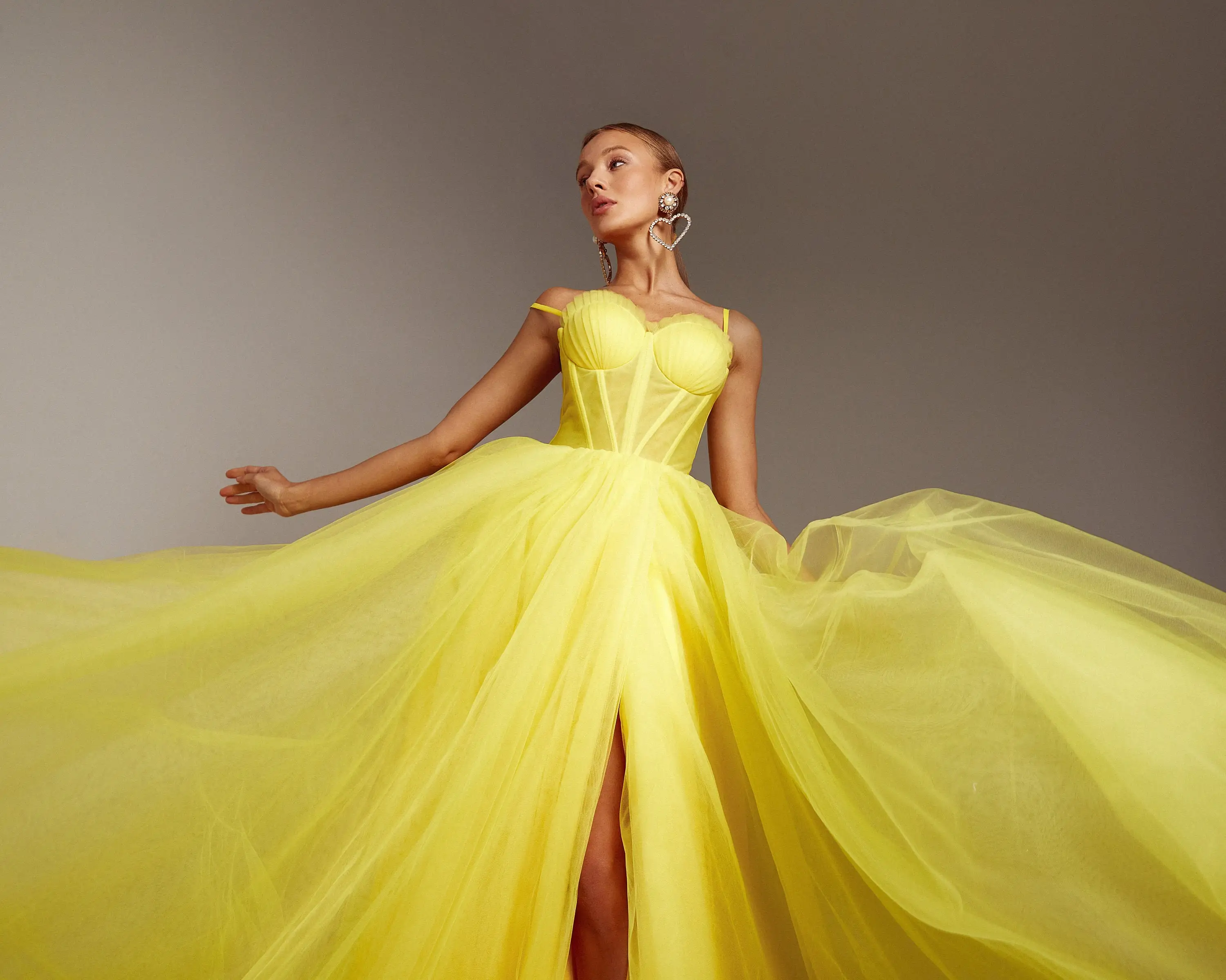 Beaded Canary Yellow Lace and Tulle Sparkle Prom Dress - Lunss