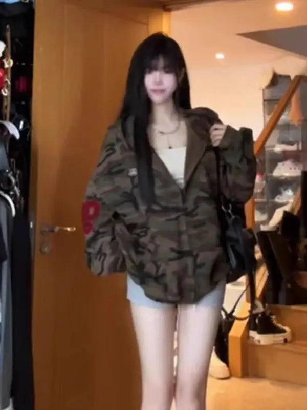 Retro American Camouflage Hoodie ort Women's Jaet Loose Cool Sle Outerwear Trendy Autumn Winter New Arrival