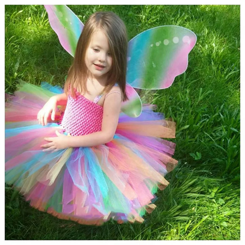 Candy Fairy Costumes Princess Girls Rainbow Tutu Dress Wing Kids Pixie  Cosplay Halloween Clothing Performing Dresses