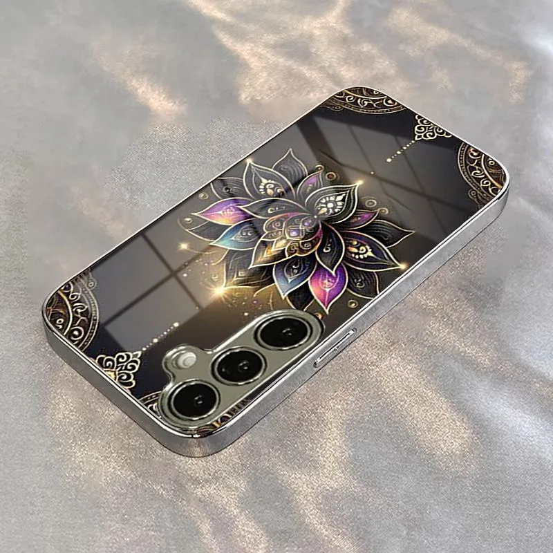 Mandala Lotus Pattern Electroplate Silver Phone Case with Tempered Glass Cover