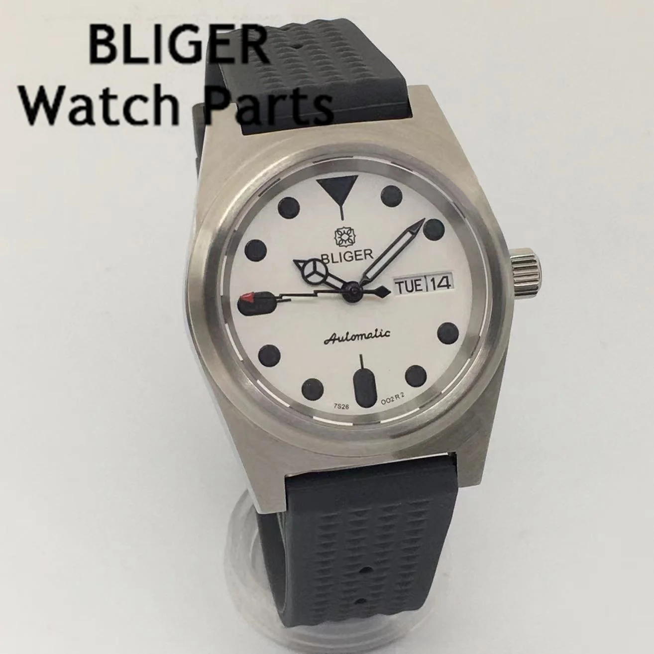 BLIGER 38mm Waterproof NH36 Movement Watch Black White Dial Sapphire Crystal Automatic Men's Watch Curved Rubber Strap applicable to binzel 610d water cooled welding gun straight handle curved handle automatic welding gun assembly