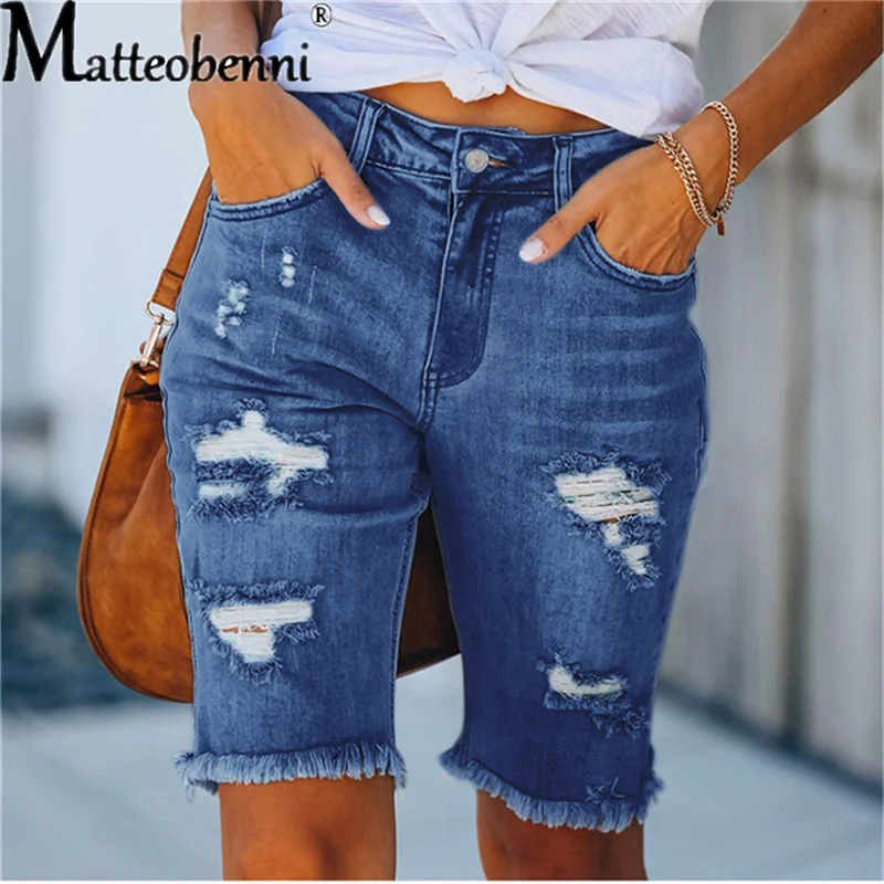 boyfriend jeans Ripped Jeans Summer Street Tassel High Elastic Skinny Pants Mid Waist Five Points Pants Women Slim Hole Ladies Casual Shorts baggy jeans