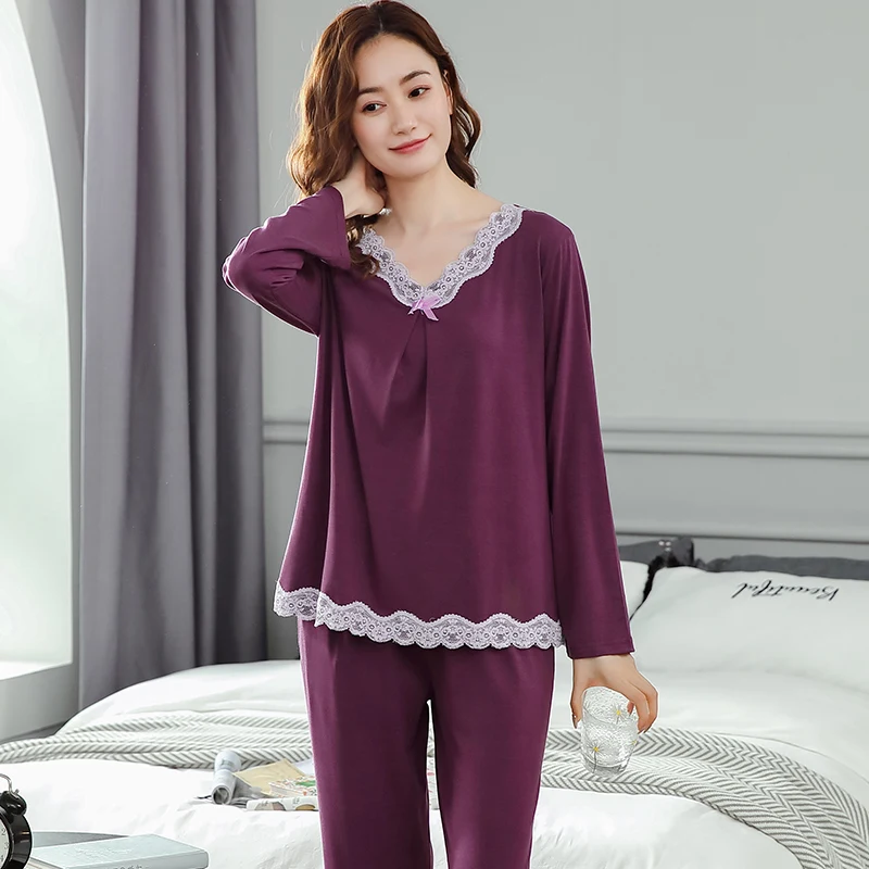 

Autumn Pyjamas For MIddle Age Female Pajamas V Neck Long-Sleeve Long Pants Sleepwear Lace Splice Pijamas Mujer Home Service 4XL