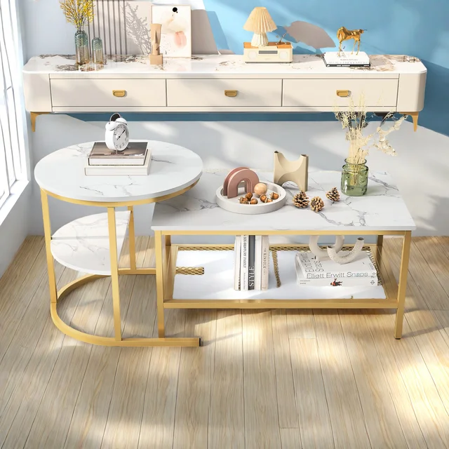 Ensemble Comanlia de 2 tables basses modernes avec pieds en métal doré, aspect marbre, table d'appoint en bois pour salon et chambre à coucher 1