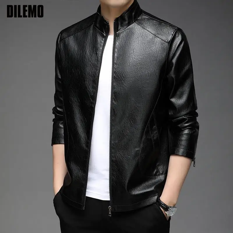 Top Grade New Brand Designer Casual Fashion Classic Faux Pu Fashion Leather Jacket Men Brown Moto Coats Mens Clothing 2023