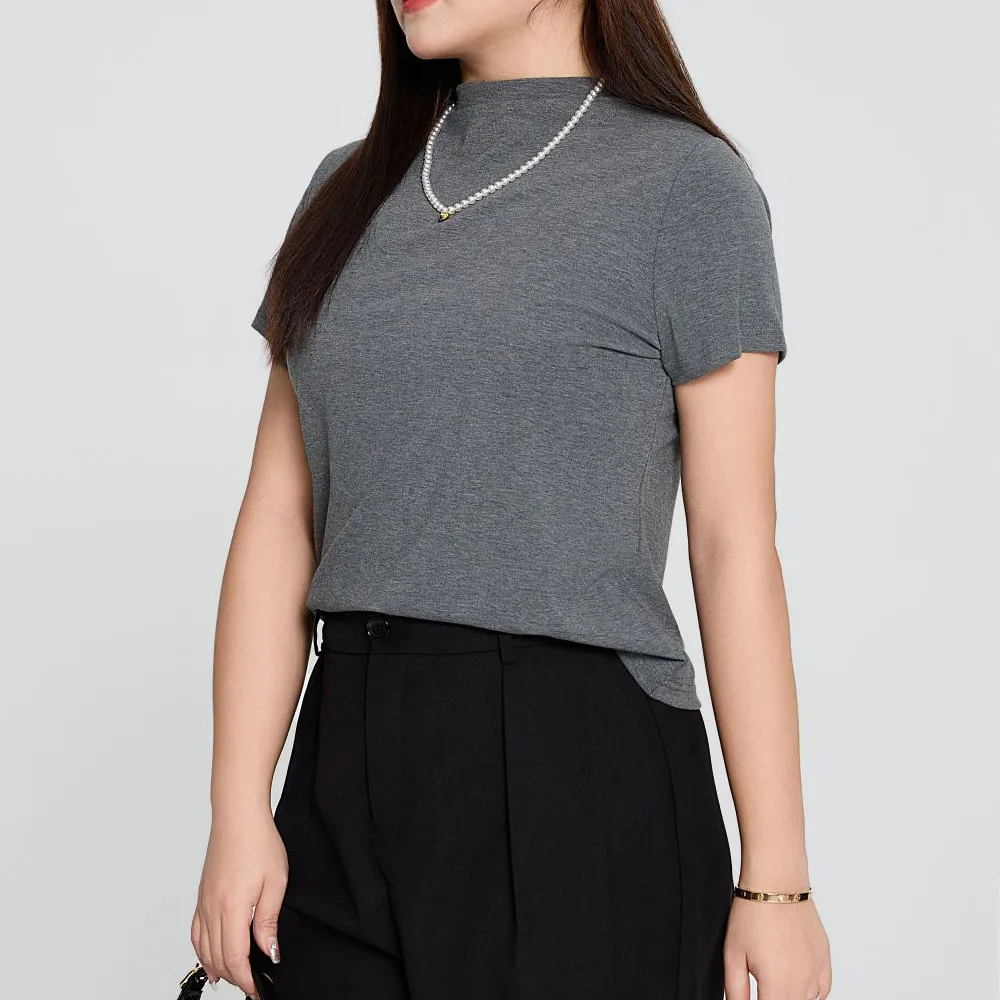 Slim Short Sleeve T-shirt Office Lady Premium Tops Stand Collar American Vintage Plus Size Women Tees Autumn 2025