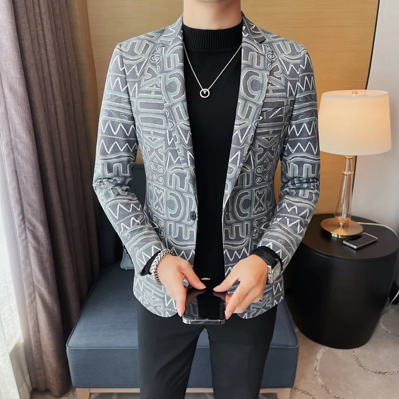 Brand Luxury Suit Jacket for Men Autumn Printed Casual Busines Blazer Masculino Slim Fit Wedding Groom Social Dress Coat