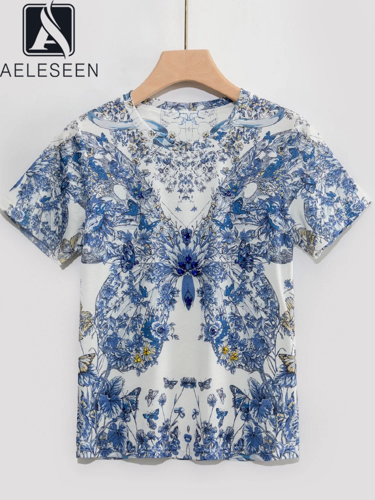 

Женская футболка с цветочным принтом AELESEEN, подиумная Повседневная футболка с роскошными бусинами, бриллиантами и кристаллами, лето