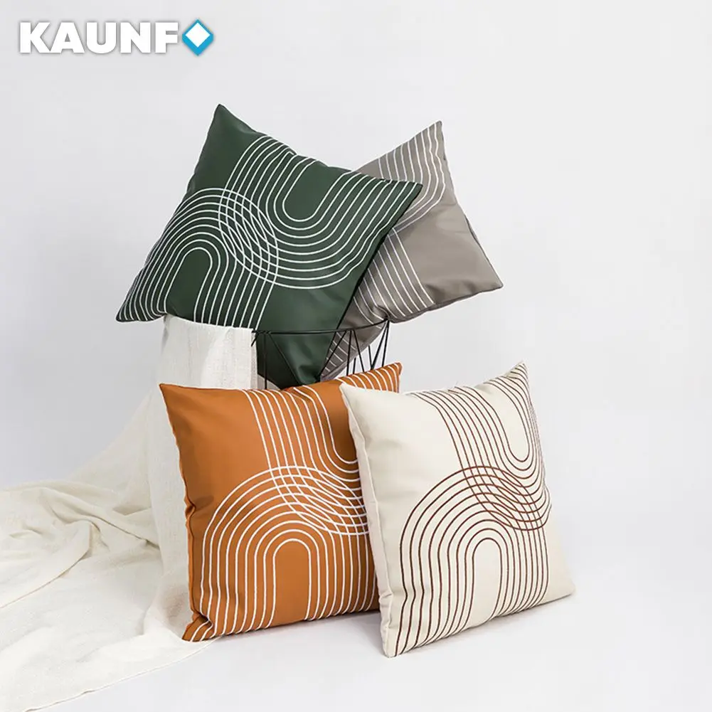 

KAUNFO Leather Geometric Embroidered Cushion Cover Pillowcases Throw Pillow Covers for Sofa Living Room Home 45x45cm 1PC