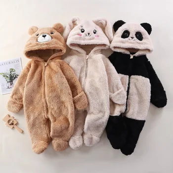 0-12M Newborn Baby Bodysuit Plush Cartoon Animal Onesie Footed Hand Covered Jumpsuit 2025 Girl Boy Clothes Warm Fluffy Romper