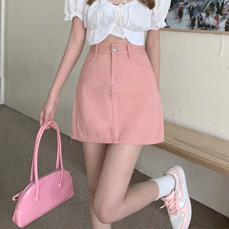 JMPRS Cute Pink Women Denim Skirt Korean High Waist A Line Fashion Designed Summer Jeans Mini Skirts Casual Slim Ladies Skirt white pleated skirt