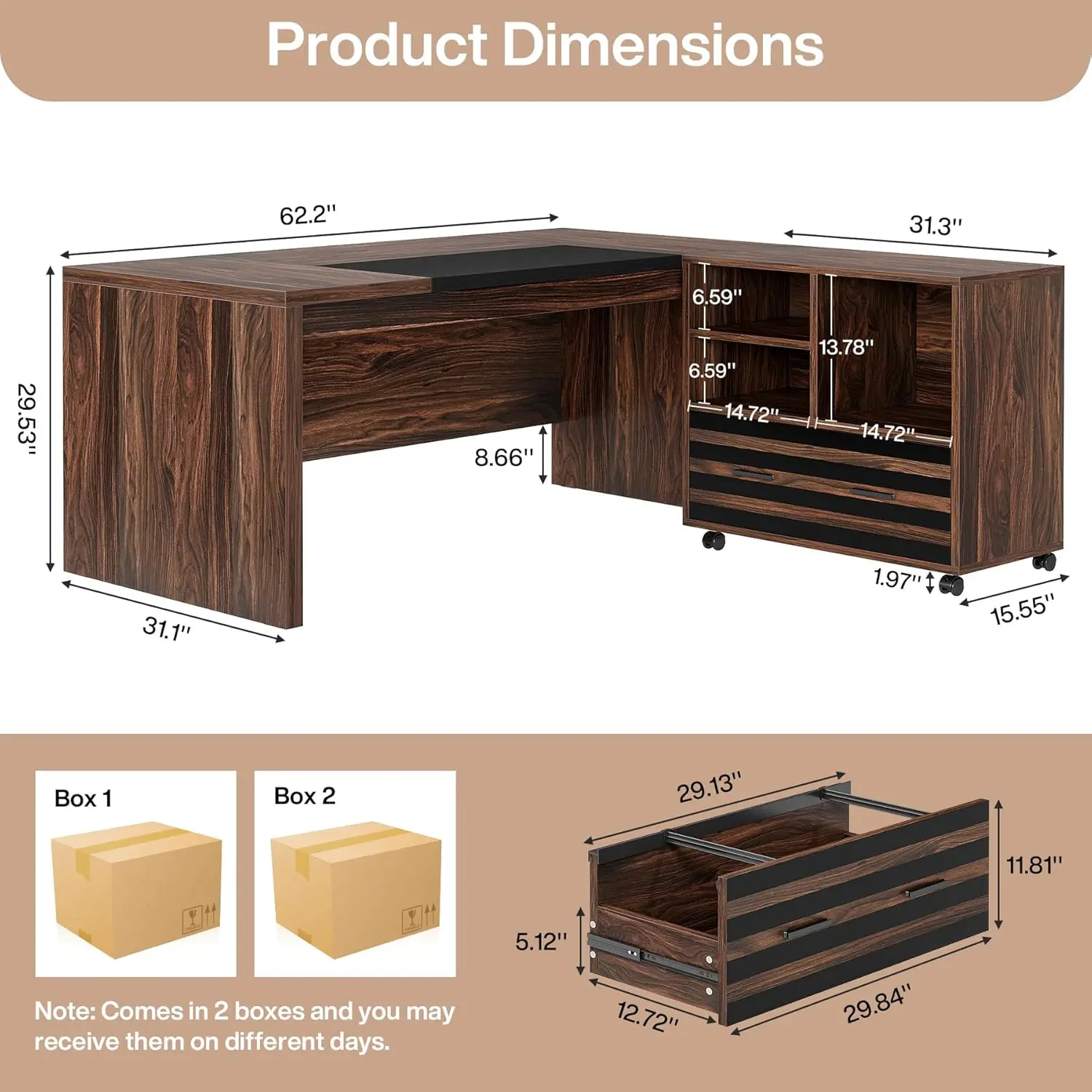 62.2" Executive Desk with Mobile File Cabinet, L-Shaped Office Desk with Storage Shelves, Large Computer 2