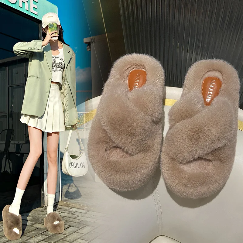 2023 New Autumn and winter fashion cross fluffy slippers heel 7CM women's indoor and outdoor one word flat cotton slippers ATD23