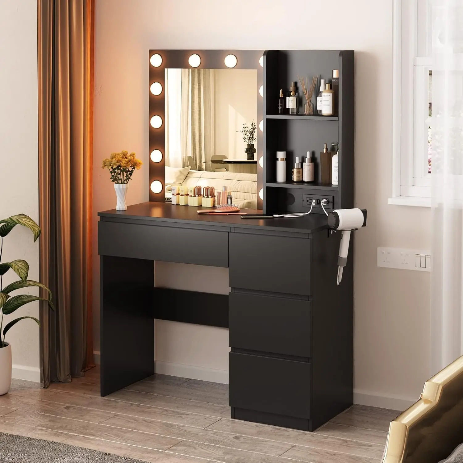

Vabches Makeup Vanity with Lights, 37inch Vanity Desk with Power Strip, 4 Drawers Makeup Table with Lighted Mirror, 3 Lighting