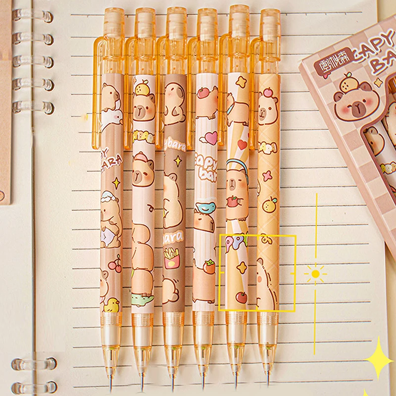 6pcs/set Cartoon Capybara Pen Set Cute Mechanical Pencil With Eraser Constantly Writing Aesthetic Stationery School Supplies