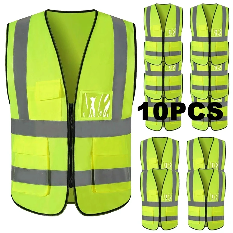 

10PCS Safety Vest Reflective ANSI Class 2 High Visibility Vest with Pockets and Zipper Construction Work Vest Hi Vis Yellow 3XL