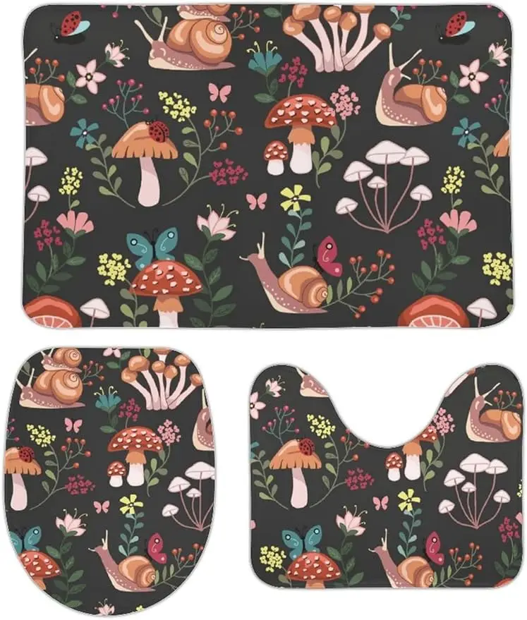 Mushroom Bath Mat Set, Bathroom Rugs for 3 Pieces, Toilet Mats, Soft Comfortable, Water Absorption, Non-Slip, Easier to Dry