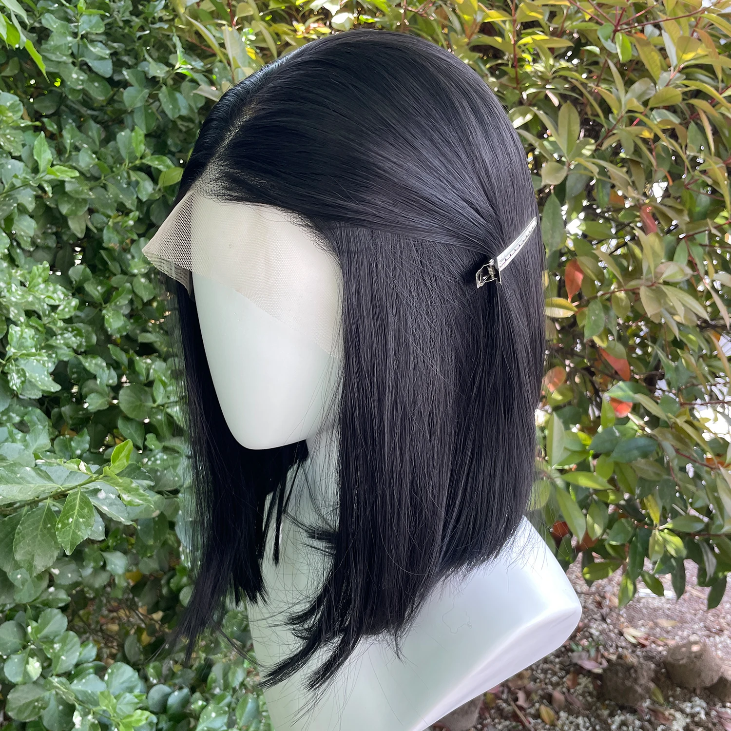 Tiefschwarze 13x6 synthetische Lace-Front-Perücken für schwarze Frauen, schulterlanger Bob, leimlose synthetische Perücken, 150 % Dichte, natürliches Haar – Detail 3