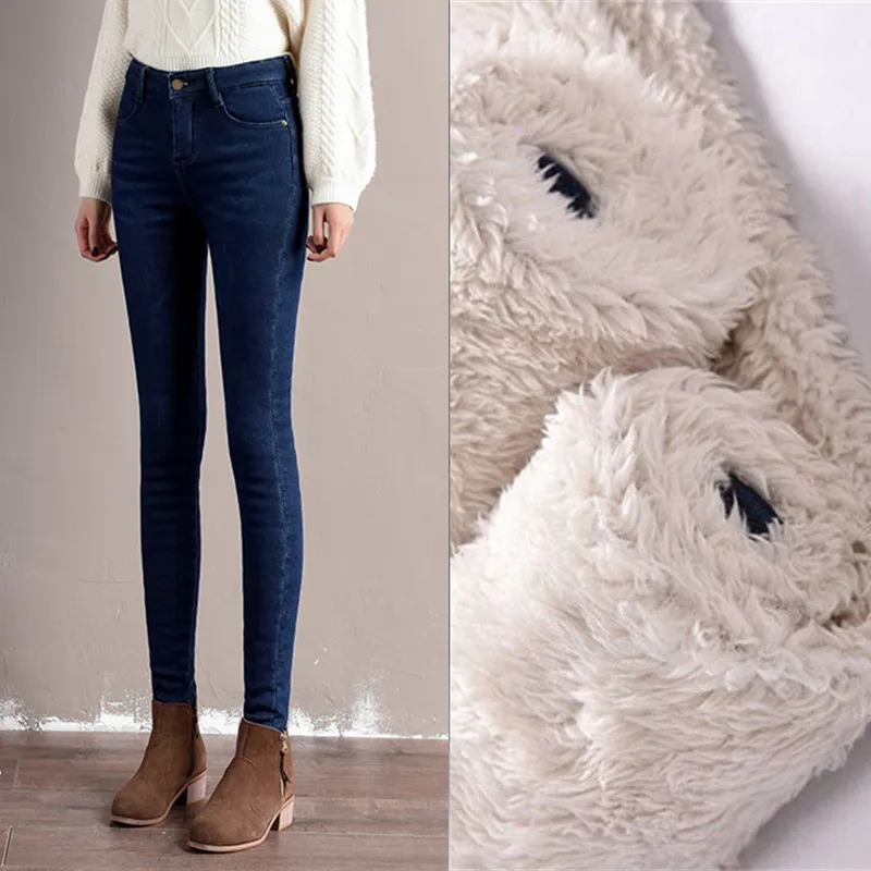 Snow Wear Lambwool Pencil Jeans Women Casual Embroidery Plus Velvet Winter Denim Trousers Warm High Waist Stretch Pantalones
