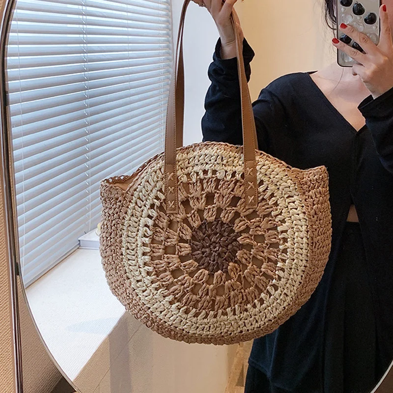 Sac de plage rond en paille ajourée pour femmes, tissé à la main