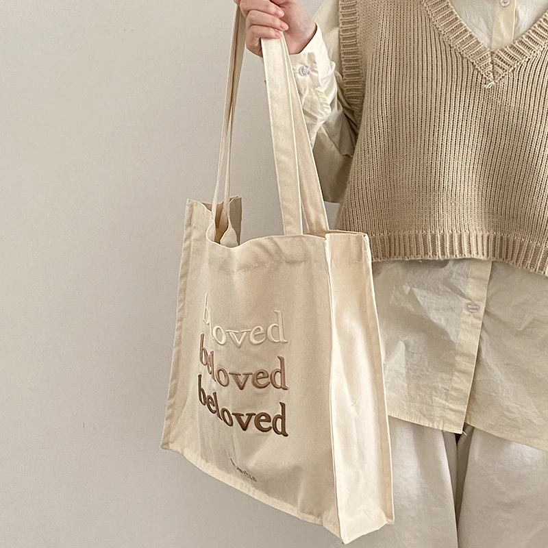 Women Canvas Shoulder Bag Beloved Embroidery Daily Shopping Bags Students Books Bag Thick Cotton Cloth Handbags Tote For Girls shoulder bag canvas tote bag