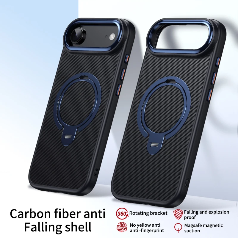 Carbon Fiber Magnetic Phone Case with Rotating Stand and Metal Camera Frame