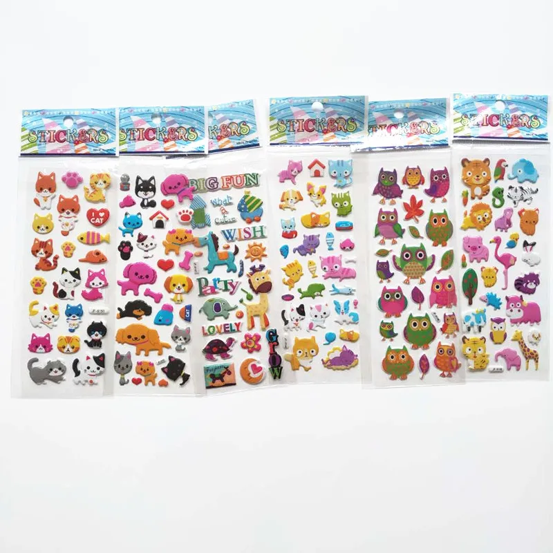 6 Sheets 3d Pet Dog and Marie Cat Stickers for Car Styling Scrapbook Animal Fish Dinosaur Bubble Stickers Reward Kids Toys 6