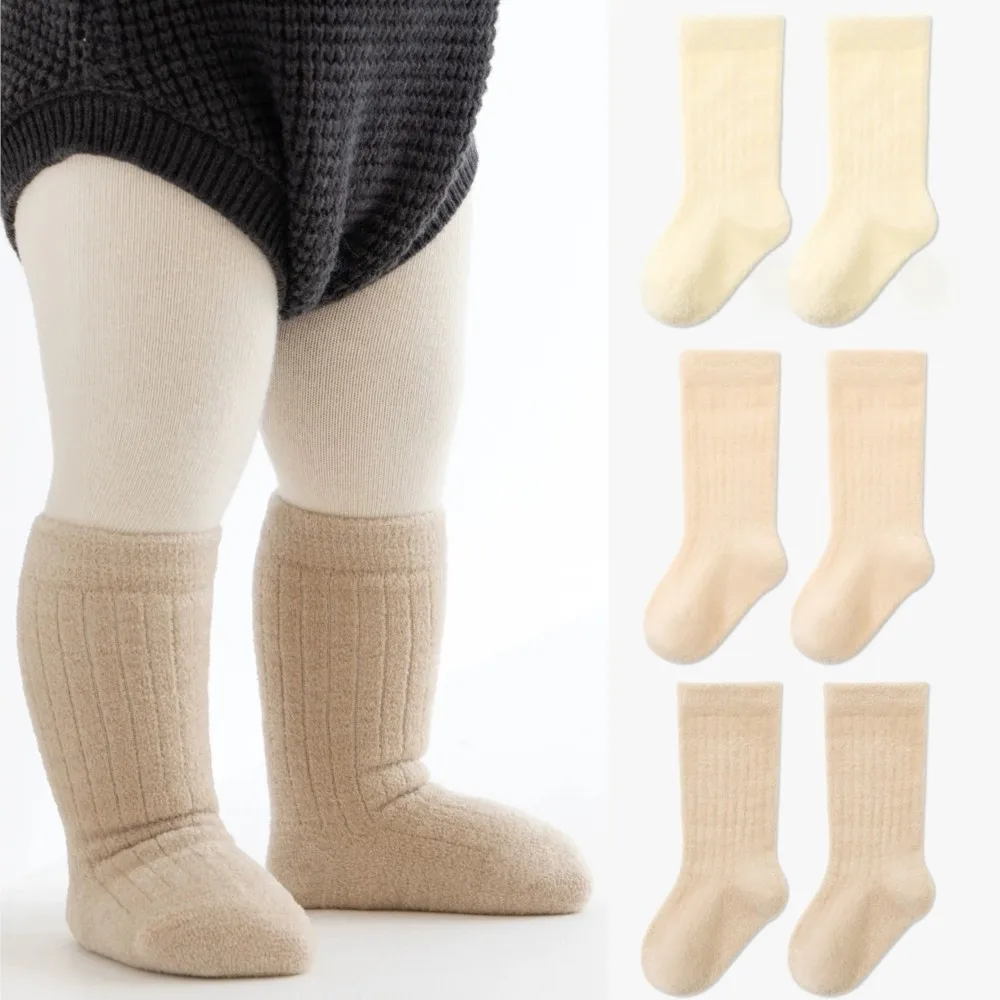 3 Pairs Cute Baby Girls' Cotton Mid-calf Socks Solid Sockens Toddler Kids Spring & Autumn Newborn Socks