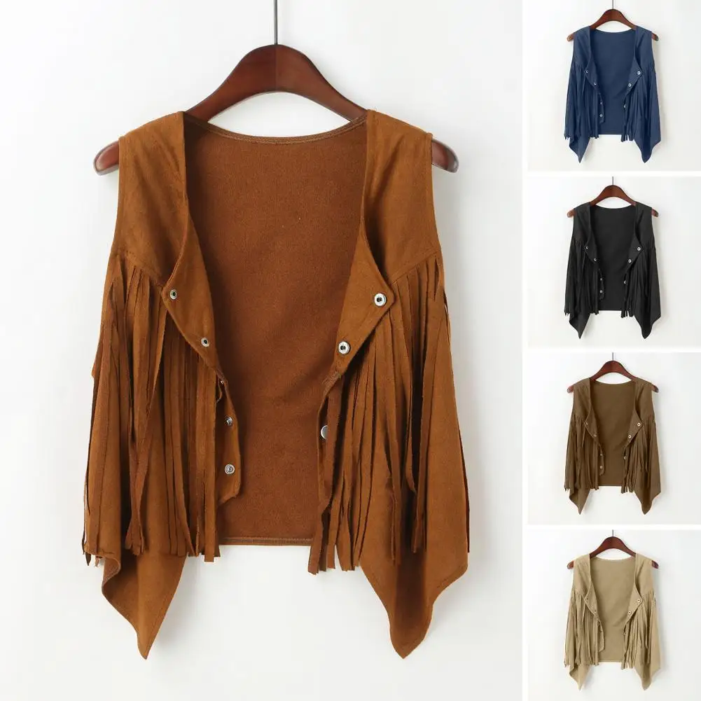 

Vintage Women Tassel Vest 70s Hippie Faux Suede Rivets Sleeveless Fringe Jacket Waistcoat Streetwear S-2XL