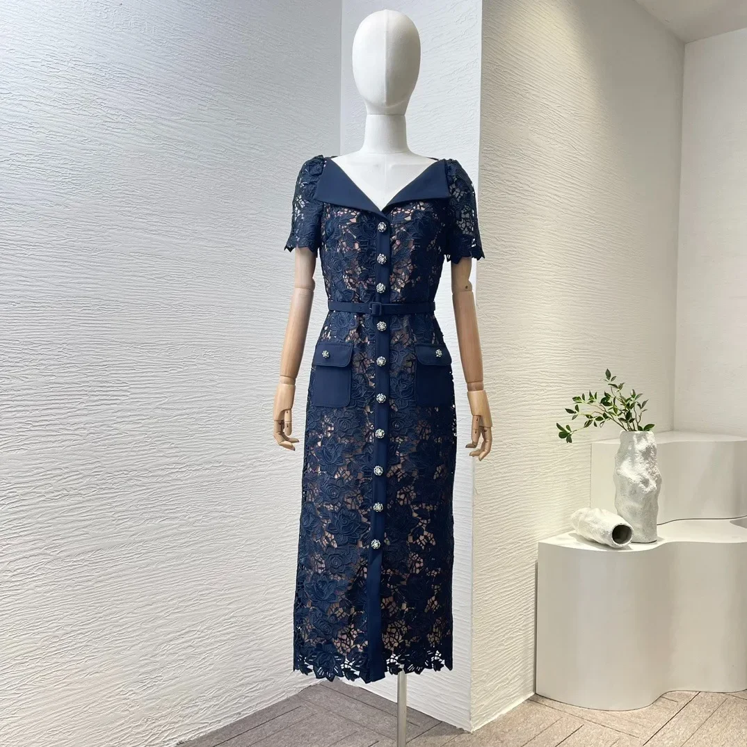 

Women Top Quality Clothing 2024 Spring Summer Navy Blue Hook Flower Hollow Lace Fully Lined Through The Body Midi Fitted Dress