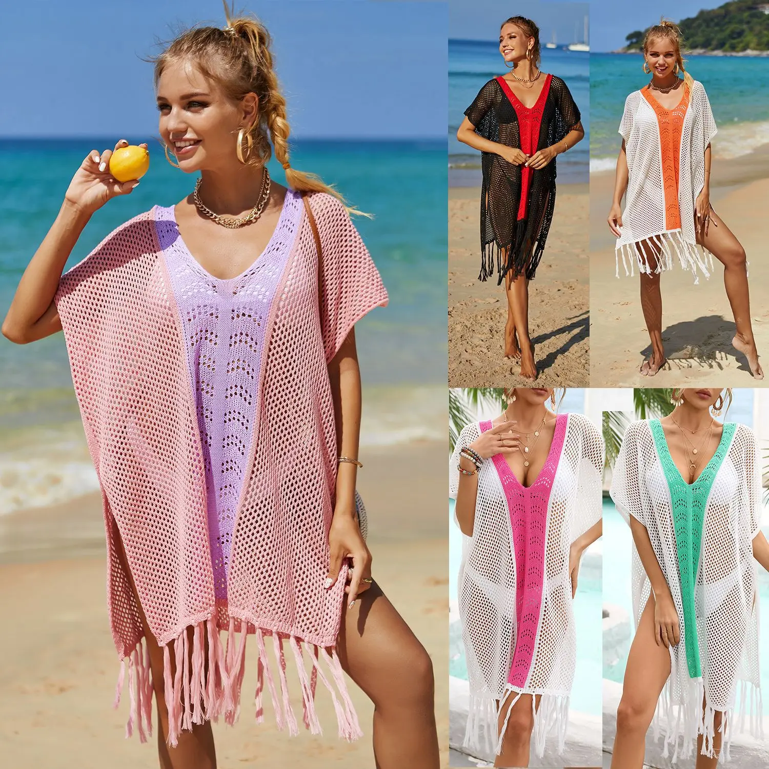 

2024 Summer Women's New Sexy Fashion Beach Smock Hollow Knitted Fringe Holiday Bikini Smock Cover Up Beach Dress