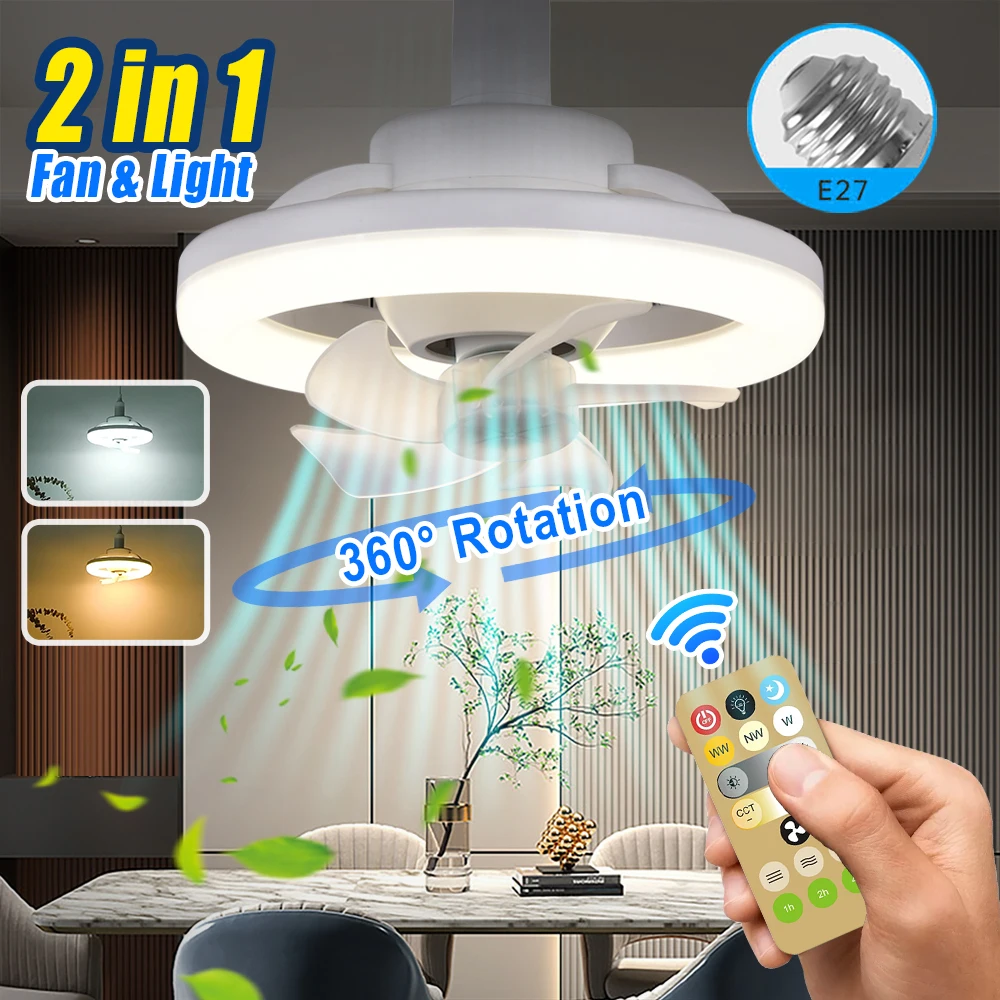 360 ° Swing Head Ceiling Fan Light E27 With Remote Control Adjustable LED  Fan Light Living Room Ceiling Fan Chandelier 85V-265V